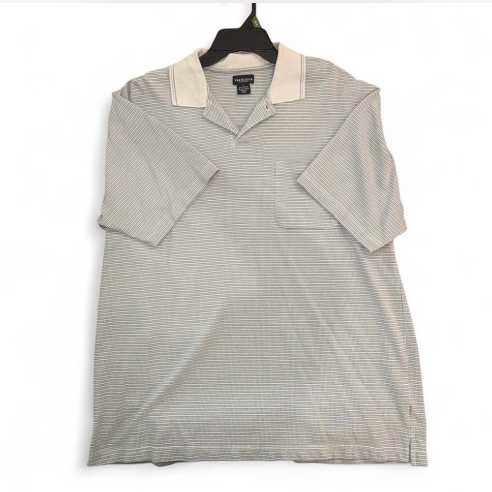 Harbor Bay Cream and Gray Men's  Van Heusen Striped Polo Shirt Large